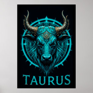 Taurus Dierenriemsymbool in levendig blauw en goud Poster