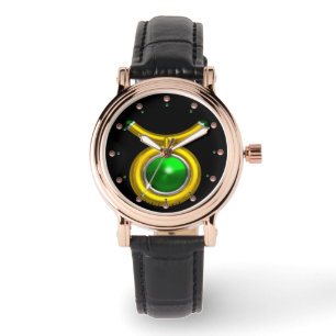 TAURUS GOLD ZODIAC BIRTHDAY JEWEL, Green, Black Horloge