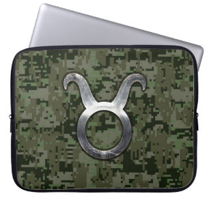 Taurus Sign on Woodland Green Digital Camouflage Laptop Sleeve