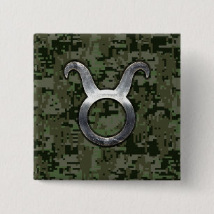 Taurus-symbool op Olive Green Digital Camo Vierkante Button 5,1 Cm