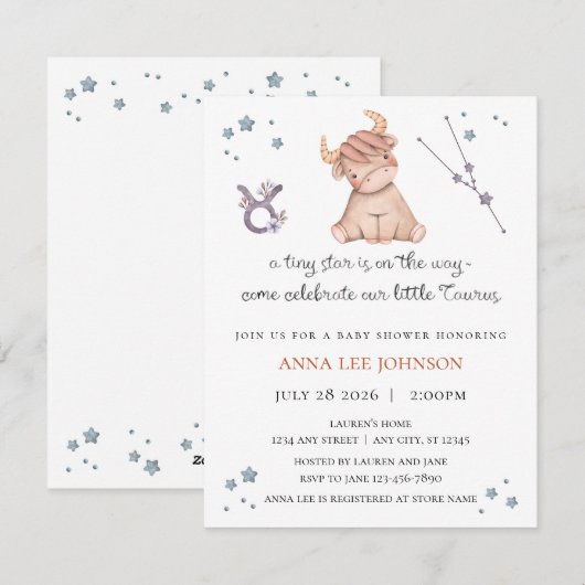 Taurus Zodiac Baby Shower Invitation (Devant / Derrière)