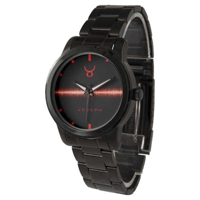 Taurus Zodiac Cool Red Light Line Aangepaste naam Horloge (Gekanteld)