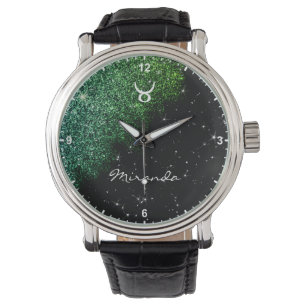 Taurus Zodiac Sign Blauwgroen Groen Glitter Stars  Horloge