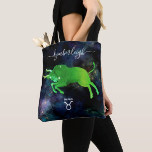 Taurus Zodiac Sign Cosmic Monogram naam Groen grij Draagtas