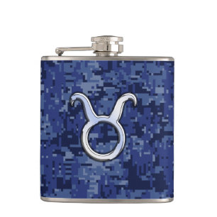 Taurus Zodiac Sign on Blue Digital Camouflage Heupfles