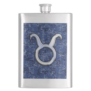 Taurus Zodiac Sign on Blue Digital Camouflage Heupfles