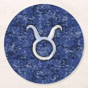 Taurus Zodiac Sign on Navy Blue Digital Camouflage Ronde Kartonnen Onderzetter