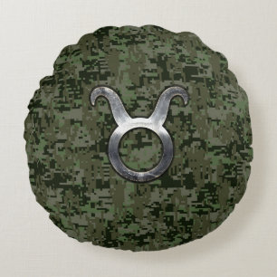 Taurus Zodiac-symbool op Green Digital Camo Rond Kussen