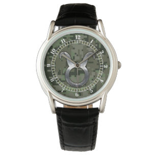 Taurus Zodiac Symbool op groene camouflage Dial Horloge