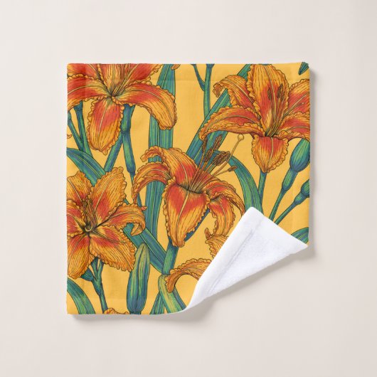 Tawny daglilbloemen, blauw en geel bad handdoek (Wasdoekje)