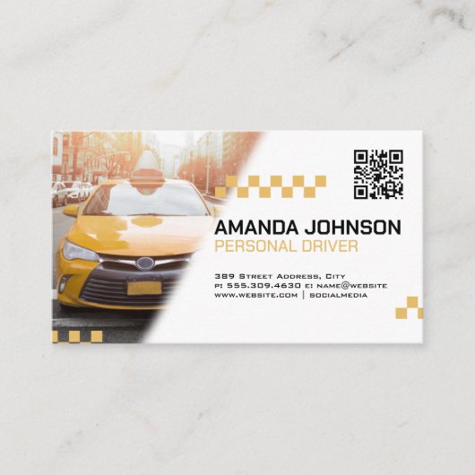 Taxi | Cabine jaune | Carte de visite de code QR (Devant)