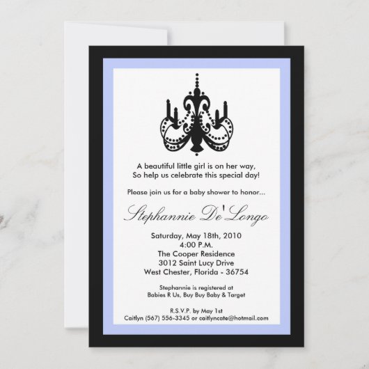 {TBA} 5x7 Chandelier Blue Baby shower Invitation Kaart (Voorkant)