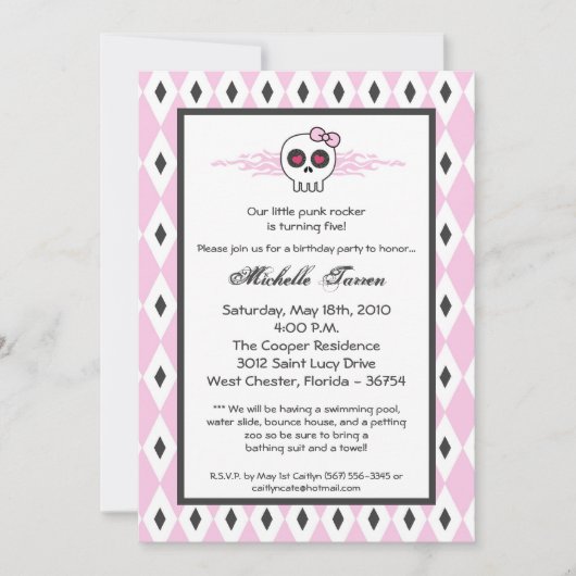 {TBA}5x7 Girl Punk Skull Birthday Party Invitation Kaart (Voorkant)