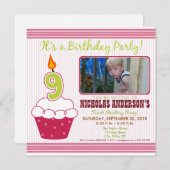 {TBA} Sweet Cupcake 9th Birthday Party Invitation Kaart (Voorkant / Achterkant)