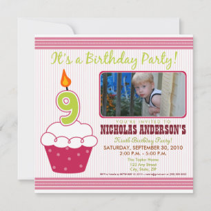 {TBA} Sweet Cupcake 9th Birthday Party Invitation Kaart
