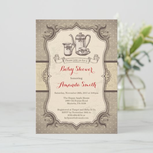 Tea Baby shower Invitation  Retro Kaart (Staand voorkant)