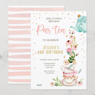 Tea Birthday Invitation Girl Party Par-tea Floral Kaart