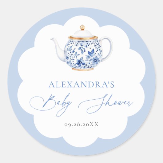 Tea Brewing Blue Script Elegant Boy Baby Shower Ronde Sticker (Voorkant)