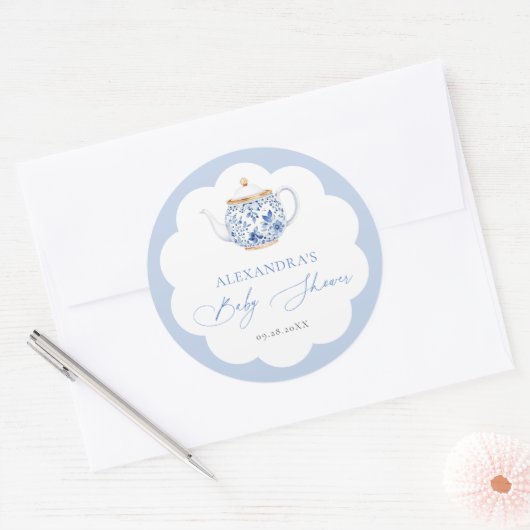 Tea Brewing Blue Script Elegant Boy Baby Shower Ronde Sticker (Envelop)