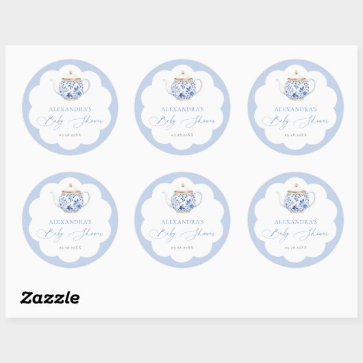 Tea Brewing Blue Script Elegant Boy Baby Shower Ronde Sticker (Vel)