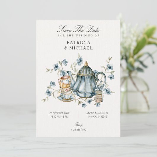 Tea cup bruiloft save the date (Staand voorkant)