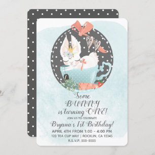 Tea Cup Bunny Rabbit Waterverf Verjaardagsfeest Kaart