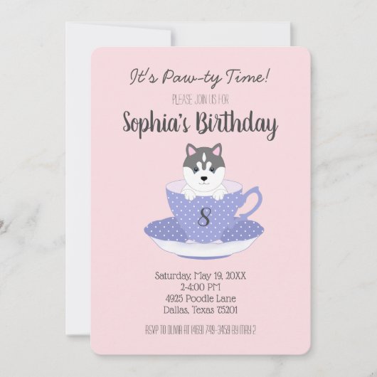 Tea Cup Chiot Anniversaire Fête Invitations (Devant)
