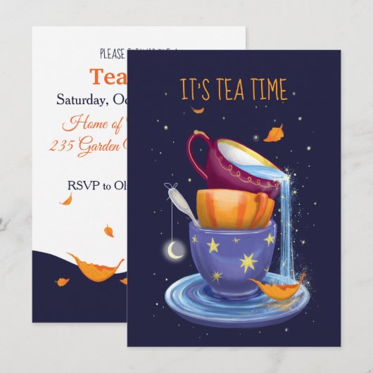 Tea cups Herfst Whimsical Tea Party Invitation Kaart (Voorkant / Achterkant)