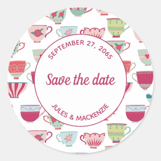 Tea Cups Modern  sparen de Datum Ronde Sticker (Voorkant)