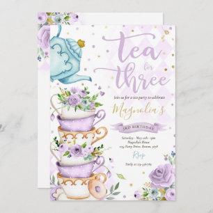 Tea for Three Birthday Paars Floral Tea Party Kaart