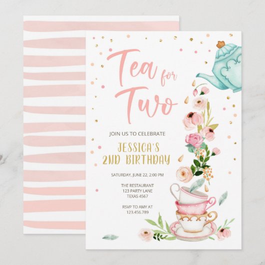Tea for Two Birthday Invitation Floral Tea Party (Devant / Derrière)