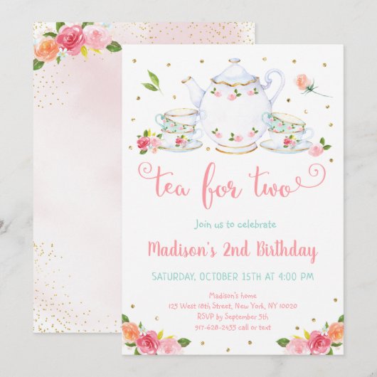 Tea for Two roze Gold Floral Tea Party Birthday Kaart (Voorkant / Achterkant)