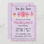Tea for Two Second Birthday Paars Invitation Kaart (Voorkant / Achterkant)