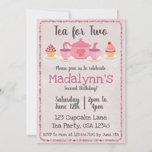 Tea for Two Second Birthday Pink Invitation Kaart (Voorkant)