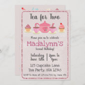 Tea for Two Second Birthday Pink Invitation Kaart (Voorkant / Achterkant)