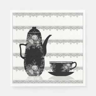 Tea koffiepot kop zwarte witte illustratie retro servet
