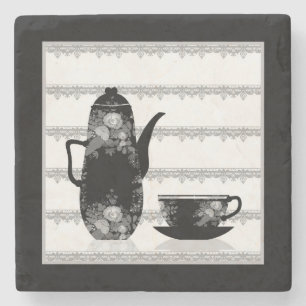 Tea koffiepot kop zwarte witte illustratie retro stenen onderzetter