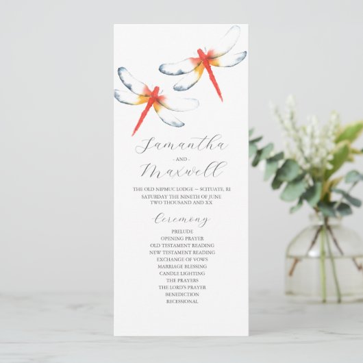 Tea Length Wedding Programme Modèle Dragonfly (Debout devant)