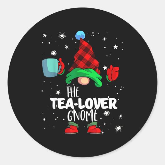 Tea Lover Gnome Red Buffalo Plaid Matching Family Ronde Sticker (Voorkant)