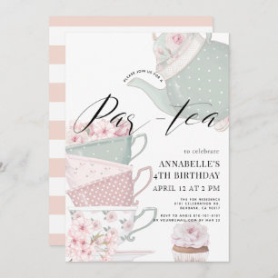 Tea Par-tea Floral Teapot Pink Birthday Uitnodigin Kaart