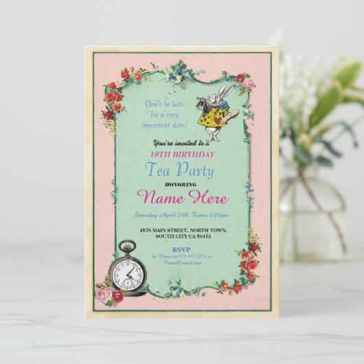 Tea Party 18th Birthday Alice in Wonderland Invite Kaart (Staand voorkant)