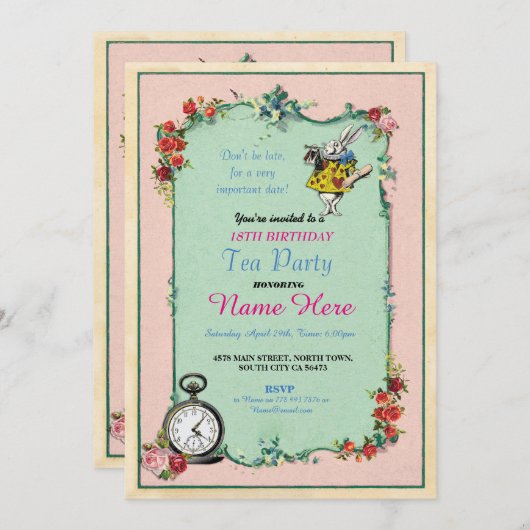 Tea Party 18th Birthday Alice in Wonderland Invite Kaart (Voorkant / Achterkant)
