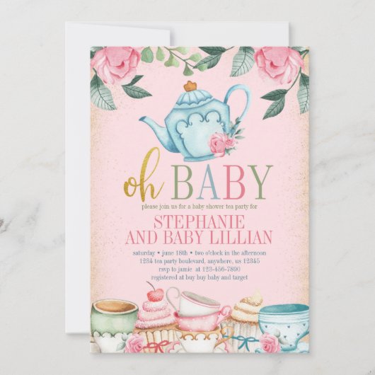 Tea Party Aquarelle Floral Baby shower Invitation (Devant)