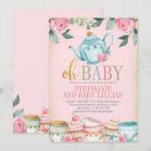 Tea Party Aquarelle Floral Baby shower Invitation (Devant / Derrière)