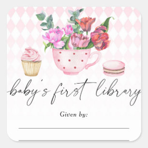 Tea Party baby shower - Baby's eerste bibliotheek Vierkante Sticker