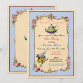 Tea Party Baby shower Blue rose Teapot Invitation (Devant / Derrière)