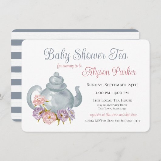 Tea Party Baby shower Floral Tea Pot Invitation (Devant / Derrière)