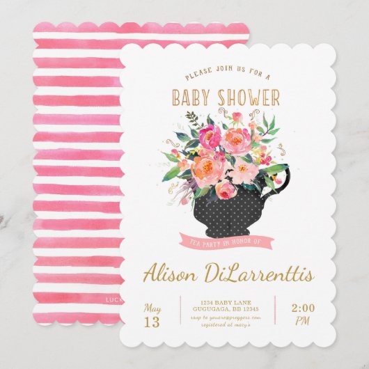Tea Party Baby shower Invitation Kaart (Voorkant / Achterkant)