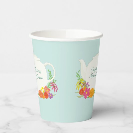 Tea Party Baby shower Teapot Spring Floral Papieren Bekers (Links)