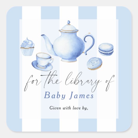 Tea Party baby shower - Voor de bibliotheek van Vierkante Sticker (Voorkant)